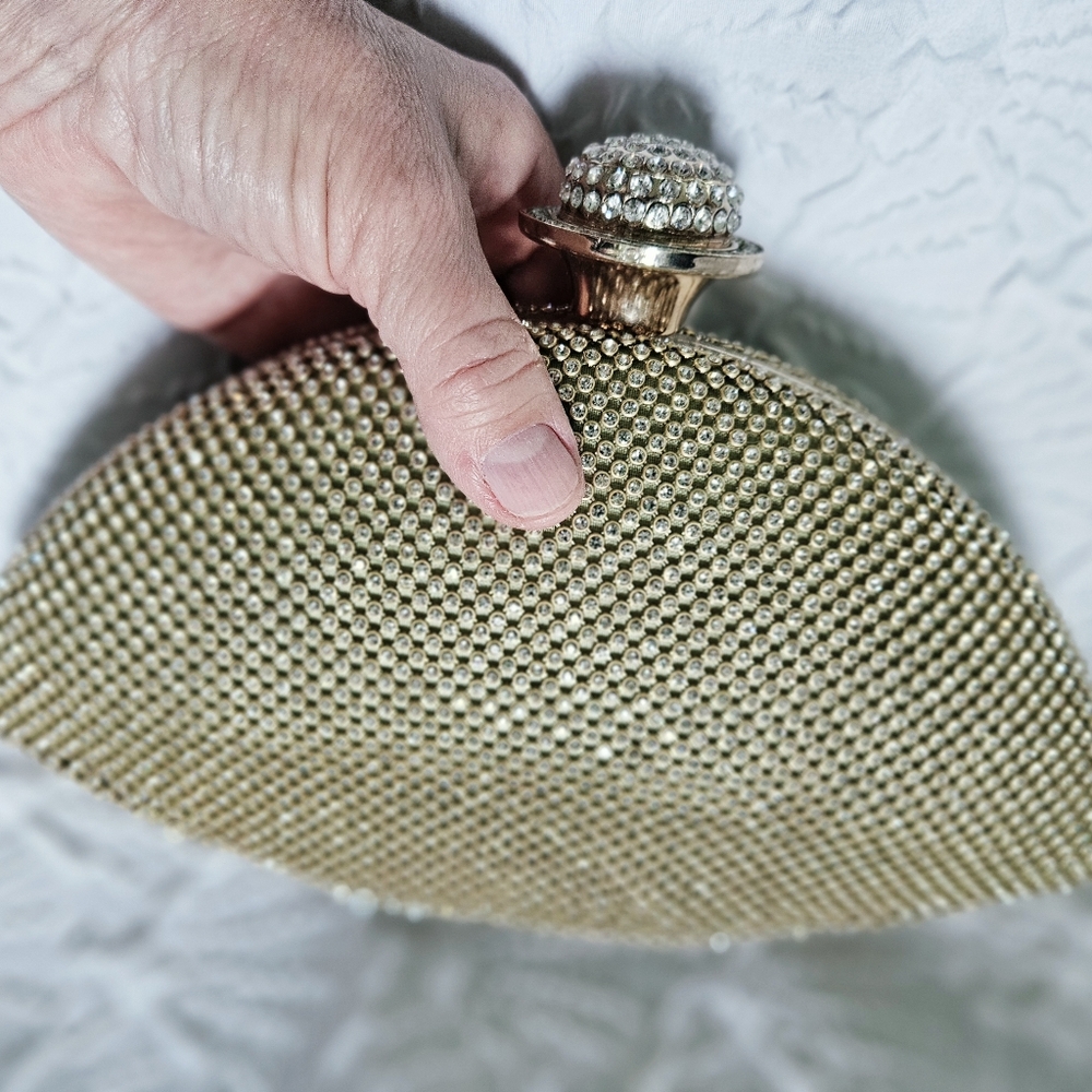 NWT Glam Hard-Shell Goldtone Hardwear & Clear Rhinestones Evening Clutch Handbag
